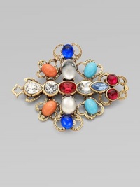 This colorful piece features resin cabochons and rhinestone details set on a pretty filigree design. Resin stonesGlass stonesBrass and pewterSize, about 3¾Pin backMade in USA This colorful piece features resin cabochons and rhinestone details set on a pretty filigree design. Resin stonesGlass stonesBrass and pewterSize, about 3¾Pin backMade in USA