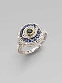 From the Lucky Collection. Black, white and blue sapphires, artfully arranged in an evil eye ring of sterling silver to protect you from whatever might be out there.Black, white and blue sapphires Sterling silver Diameter, about ½ Imported From the Lucky Collection. Black, white and blue sapphires, artfully arranged in an evil eye ring of sterling silver to protect you from whatever might be out there.Black, white and blue sapphires Sterling silver Diameter, about ½ Imported
