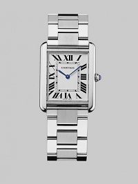From the Tank Solo Collection. A timeless stainless steel timepiece is the very definition of classic elegance. Stainless steel case; 30mm X 34mm (1.18 X 1.37) Precision quartz movement Water-resistant to 3ATM Stainless steel bezel Square face White dial Roman numeral markers Stainless steel bracelet Made in Switzerland From the Tank Solo Collection. A timeless stainless steel timepiece is the very definition of classic elegance. Stainless steel case; 30mm X 34mm (1.18 X 1.37) Precision quartz movement Water-resistant to 3ATM Stainless steel bezel Square face White dial Roman numeral markers Stainless steel bracelet Made in Switzerland