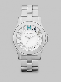 Colorful crystals accent the logo dial on this simply chic, stainless steel style. Quartz movementWater resistant to 5 ATMStainless steel case, 40mm (1.6) Smooth bezelWhite dialCrystal accented and smooth logo hour markersSecond hand Stainless steel link braceletImported Colorful crystals accent the logo dial on this simply chic, stainless steel style. Quartz movementWater resistant to 5 ATMStainless steel case, 40mm (1.6) Smooth bezelWhite dialCrystal accented and smooth logo hour markersSecond hand Stainless steel link braceletImported
