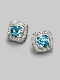 From the Petite Albion Collection. A shimmering center of faceted blue topaz, surrounded by pavé diamonds set in sterling silver. Diamonds, 0.40 tcw Blue topaz Sterling silver About ½ square Post back Made in USA From the Petite Albion Collection. A shimmering center of faceted blue topaz, surrounded by pavé diamonds set in sterling silver. Diamonds, 0.40 tcw Blue topaz Sterling silver About ½ square Post back Made in USA