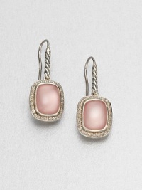 From the Noblesse Collection. A pretty pink chalcedony cabochon surrounded by brilliant diamonds set in sterling silver. Pink chalcedonyDiamonds, .42 tcwSterling silverLength, about .39Hook backImported From the Noblesse Collection. A pretty pink chalcedony cabochon surrounded by brilliant diamonds set in sterling silver. Pink chalcedonyDiamonds, .42 tcwSterling silverLength, about .39Hook backImported