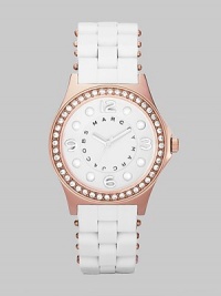 A sleek, understated timepiece with rose goldplated accents and wrapped stainless steel bracelet.Quartz movement Water resistant to 3 ATM Crystal bezel Rose goldplated stainless steel round case, 36.5mm, (1.43) White dial with concave ring Rose goldplated numeral and dot hour markers Second hand Silicon wrapped stainless steel bracelet, 18mm, (.71) Imported A sleek, understated timepiece with rose goldplated accents and wrapped stainless steel bracelet.Quartz movement Water resistant to 3 ATM Crystal bezel Rose goldplated stainless steel round case, 36.5mm, (1.43) White dial with concave ring Rose goldplated numeral and dot hour markers Second hand Silicon wrapped stainless steel bracelet, 18mm, (.71) Imported