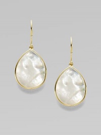 Thin slices of iridescent mother-of-pearl, delicately framed in 18k gold. White mother-of-pearl 18k gold Drop, about 1 Ear wire Imported Thin slices of iridescent mother-of-pearl, delicately framed in 18k gold. White mother-of-pearl 18k gold Drop, about 1 Ear wire Imported