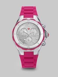 From the Tahitian Jelly Bean Collection. A sporty timepiece with stainless steel accents, enamel dial and silicone strap. Swiss quartz movementWater resistant to 5 ATMRound stainless steel case, 40mm (1.5)Logo bezelSunray chronograph dialNumeric hour markersSecond hand Pink silicone strapImported
