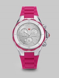 From the Tahitian Jelly Bean Collection. A sporty timepiece with stainless steel accents, enamel dial and silicone strap. Swiss quartz movementWater resistant to 5 ATMRound stainless steel case, 40mm (1.5)Logo bezelSunray chronograph dialNumeric hour markersSecond hand Pink silicone strapImported From the Tahitian Jelly Bean Collection. A sporty timepiece with stainless steel accents, enamel dial and silicone strap. Swiss quartz movementWater resistant to 5 ATMRound stainless steel case, 40mm (1.5)Logo bezelSunray chronograph dialNumeric hour markersSecond hand Pink silicone strapImported