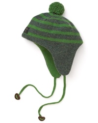Paul Smith offers up this earthy striped hat, accented with a pom pom on top, contrast earflaps and braided ties at the chin. Paul Smith offers up this earthy striped hat, accented with a pom pom on top, contrast earflaps and braided ties at the chin.