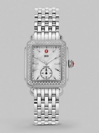 From the Deco Collection. Mother of pearl dial and diamond accents make this elegant time piece a true style statement.Swiss quartz movement Water resistant to 5 ATM Diamond pavé bezel, 0.49 tcw Rectangular stainless steel case, 30mm, (1.18) Mother of pearl dial Second sub-dial Index hour markers Stainless steel link bracelet Imported 