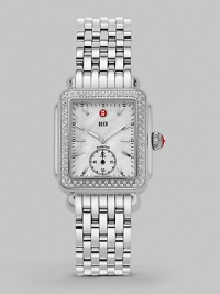 From the Deco Collection. Mother of pearl dial and diamond accents make this elegant time piece a true style statement.Swiss quartz movement Water resistant to 5 ATM Diamond pavé bezel, 0.49 tcw Rectangular stainless steel case, 30mm, (1.18) Mother of pearl dial Second sub-dial Index hour markers Stainless steel link bracelet Imported From the Deco Collection. Mother of pearl dial and diamond accents make this elegant time piece a true style statement.Swiss quartz movement Water resistant to 5 ATM Diamond pavé bezel, 0.49 tcw Rectangular stainless steel case, 30mm, (1.18) Mother of pearl dial Second sub-dial Index hour markers Stainless steel link bracelet Imported