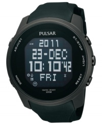 This digital watch from Pulsar features a comfortable, blacked out strap and a variety of functions, include day, date and world time. This digital watch from Pulsar features a comfortable, blacked out strap and a variety of functions, include day, date and world time.