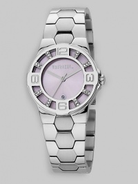 From the Grid Collection. A stainless steel design with hour markers and glimmering Swarovski crystals along the bezel.Swiss quartz movement Water resistant to 5 ATM Numeral and Swarovski crystal hour markers along wide bezel Round stainless steel case, 32mm, (1.25) Sunray dial Date display at 6 o'clock Second hand Stainless steel link bracelet Jewelry buckle closure Imported From the Grid Collection. A stainless steel design with hour markers and glimmering Swarovski crystals along the bezel.Swiss quartz movement Water resistant to 5 ATM Numeral and Swarovski crystal hour markers along wide bezel Round stainless steel case, 32mm, (1.25) Sunray dial Date display at 6 o'clock Second hand Stainless steel link bracelet Jewelry buckle closure Imported