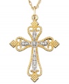 Glittering inspiration. This diamond cross necklace features round-cut diamond accents set in a 14k gold pendant. Approximate length: 18 inches. Approximate drop: 1-1/4 inches.