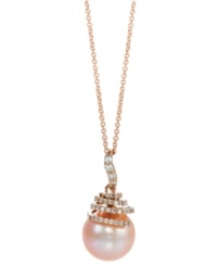 The sweetest touch. A pink cultured freshwater pearl (10-11 mm) decorated by round-cut diamonds (1/4 ct. t.w.) creates a feminine statement in Le Vian's pendant necklace. Crafted in 14k rose gold. Approximate length: 18 inches. Approximate drop: 3/4 inch. The sweetest touch. A pink cultured freshwater pearl (10-11 mm) decorated by round-cut diamonds (1/4 ct. t.w.) creates a feminine statement in Le Vian's pendant necklace. Crafted in 14k rose gold. Approximate length: 18 inches. Approximate drop: 3/4 inch.