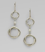 From the Infinity Collection. Two graceful circles, each formed of interwoven strands of smooth and cabled sterling silver, are connected by tiny freshwater pearls in these elegant drops. White freshwater pearls Sterling silver Drop, about 1¾ Ear wire Made in USA