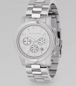 Three-link sport bracelet with round silver dial. Stainless steel chronograph 1½ diameter Analog Day/date display Second hand Hour numbers Imported