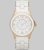 A sleek, understated timepiece with goldplated stainless steel accents and silicon wrapped bracelet.Quartz movement Water resistant to 5 ATM Goldplated stainless steel case, 36.5mm, (1.43) White dial Numeral and dot hour markers Second hand Silicon wrapped stainless steel bracelet, 18mm, (.71) Imported 