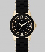 A sleek, understated timepiece with goldplated accents and wrapped stainless steel bracelet.Quartz movement Water resistant to 3 ATM Goldplated stainless steel case, 36.5mm, (1.43) Black dial with concave ring Goldplated numeral and dot hour markers Second hand Silicon wrapped stainless steel bracelet, 18mm, (.71) Imported 