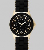 A sleek, understated timepiece with goldplated accents and wrapped stainless steel bracelet.Quartz movement Water resistant to 3 ATM Goldplated stainless steel case, 36.5mm, (1.43) Black dial with concave ring Goldplated numeral and dot hour markers Second hand Silicon wrapped stainless steel bracelet, 18mm, (.71) Imported 