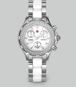 From the Tahitian Collection. Brilliant, faceted diamonds adorn the bezel of a Swiss-made, stainless steel and white ceramic design in a timeless expression of luxury and style. Swiss quartz chronograph movement Water-resistant to 5 ATM Diamond bezel; 0.47 tcw Stainless steel case; 35mm (1.38) K1 mineral crystal round face Three chronograph sub dials Date display at 6 o'clock Second hand Ceramic link bracelet; 18mm wide (0.71) Imported