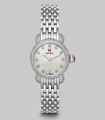 From the CSX Collection. A sleek stainless steel design with dazzling diamond accented case, bezel and markers. Swiss quartz movementWater resistant to 5 ATMRound, diamond accented stainless steel case, 26mm (1)Diamond bezelMother-of-pearl dialDiamond hour markersDiamonds, 1.1 tcwStainless steel link bracelet, 12mm wide (0.5)Imported