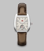 From the Urban Collection. A brilliant diamond accented design with a beautiful textured dial on a glossy patent leather strap. Swiss quartz movementWater resistant to 5 ATMRectangular stainless steel case, 29mm (1.1) X 35mm (1.4)Smooth bezelTextured enamel dialDiamond accented markers, .09 tcwSecond hand sub-dialBrown patent leather strap, 16mm (.6)Imported