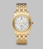 From the Sport Sail Collection. A dazzling diamond accented design with a technical chronograph dial on a goldtone bracelet.Swiss quartz movementWater resistant to 5 ATMRound goldtone stainless steel case, 38mm (1.5)Smooth bezelInterior diamond trim, .46 tcwEnamel chronograph dialBar hour markersDate function at 6 o'clockSecond handGoldtone stainless steel link braceletImported