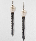From the Midnight Pearl Collection. Lustrous South Sea pearls accompanied by dazzling diamonds with a sterling silver and blackened sterling silver, box chain tassel design. 11mm-12mm baroque South Sea pearlsDiamonds, .36 tcwSterling silver and blackened sterling silverLength, about 3Hook backImported 