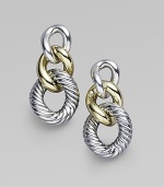 Smooth and cabled, silver and gold come together in chunky link earrings that are both modern and classic. Sterling silver and 18k yellow gold Drop, about 1 Post back Made in Italy