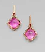 From the Superstud Collection. A faceted dome of pretty pink sapphire quartz is layered over mother-of-pearl, creating richness and depth in these dazzling earrings that sit in a spiky zigzag setting and hang from a sword-shaped drop.Pink sapphire quartz and white mother-of-pearlRose goldplated sterling silverLength, about 114k gold post backImported