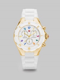 From the Tahitian Jelly Bean Collection. A sporty timepiece with goldtone stainless steel accents, enamel dial and silicone strap. Swiss quartz movementWater resistant to 5 ATMRound goldtone stainless steel case, 40mm (1.5)Logo bezelSunray chronograph dialNumeric hour markersSecond hand White silicone strapImported From the Tahitian Jelly Bean Collection. A sporty timepiece with goldtone stainless steel accents, enamel dial and silicone strap. Swiss quartz movementWater resistant to 5 ATMRound goldtone stainless steel case, 40mm (1.5)Logo bezelSunray chronograph dialNumeric hour markersSecond hand White silicone strapImported