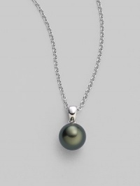 From the South Sea Collection. Elegantly simple with a black, round cultured South Sea pearl hanging from a chain of 18k white gold. 9mm black round cultured pearl Quality: A+ 18k white gold Length, about 18 Spring ring clasp Imported From the South Sea Collection. Elegantly simple with a black, round cultured South Sea pearl hanging from a chain of 18k white gold. 9mm black round cultured pearl Quality: A+ 18k white gold Length, about 18 Spring ring clasp Imported