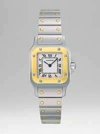 Elegant 18k yellow gold and stainless steel Santos Galbee bracelet watch. Quartz movement Case, 35mm X 26mm, 1.38 X 1.02 Case depth, 6mm, 0.24 Water-resistant to 330 feet Strap width, 14mm, 0.55 Steel deployant clasp Made in Switzerland