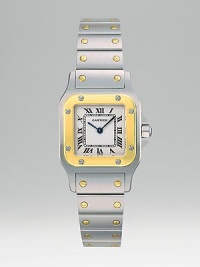 Elegant 18k yellow gold and stainless steel Santos Galbee bracelet watch. Quartz movement Case, 35mm X 26mm, 1.38 X 1.02 Case depth, 6mm, 0.24 Water-resistant to 330 feet Strap width, 14mm, 0.55 Steel deployant clasp Made in Switzerland Elegant 18k yellow gold and stainless steel Santos Galbee bracelet watch. Quartz movement Case, 35mm X 26mm, 1.38 X 1.02 Case depth, 6mm, 0.24 Water-resistant to 330 feet Strap width, 14mm, 0.55 Steel deployant clasp Made in Switzerland