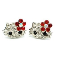 X-small 1/4 Kitty Stud Earrings w/ Red Flower Bow - Silver Plated X-small 1/4 Kitty Stud Earrings w/ Red Flower Bow - Silver Plated