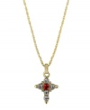 Discover style to express your devotion. Vatican design features a beautifully intricate cross highlighting a square-cut red crystal and round-cut clear crystals. Setting and chain crafted in gold tone mixed metal. Approximate length: 16 inches + 2-inch extender. Approximate drop: 3/4 inch.