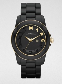 A sporty style with a sleek, modern appeal. Quartz movementWater resistant to 5 ATMRound acetate case, 42.5mm (1.6)Smooth bezel with goldtone ion-plated stainless steel accentsBlack dialLogo hour markersDate display at 3 o'clockSecond hand Black acetate link braceletImported A sporty style with a sleek, modern appeal. Quartz movementWater resistant to 5 ATMRound acetate case, 42.5mm (1.6)Smooth bezel with goldtone ion-plated stainless steel accentsBlack dialLogo hour markersDate display at 3 o'clockSecond hand Black acetate link braceletImported