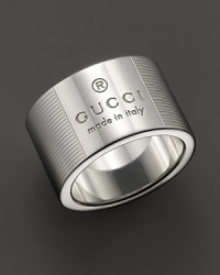 From the Gucci Trademark collection, a sterling silver ring adorned with Gucci logo and etched stripe pattern. Designed by Gucci. From the Gucci Trademark collection, a sterling silver ring adorned with Gucci logo and etched stripe pattern. Designed by Gucci.