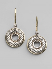 Ornately textured donuts of sterling silver are sparked with accents of 18k yellow gold. Sterling silver and 18k yellow gold Drop, about ½ Ear wire Made in USA Ornately textured donuts of sterling silver are sparked with accents of 18k yellow gold. Sterling silver and 18k yellow gold Drop, about ½ Ear wire Made in USA