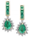Elegance in emerald. These envy-inducing drop earrings exude brilliant color with pear and square-cut emeralds (2 ct. t.w.). Round-cut diamonds (1/4 ct. t.w.) and a 14k gold setting add extra shine. Approximate drop: 3/4 inch.