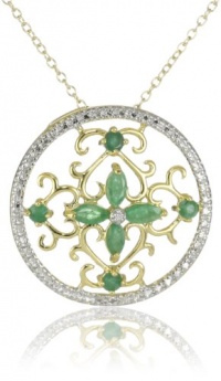 Yellow Gold Plated Sterling Silver Emerald Flower Pendant and Diamond Accent, 18 Yellow Gold Plated Sterling Silver Emerald Flower Pendant and Diamond Accent, 18