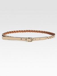 Luxe braided leather with a light gold spur buckle and engraved logo.About .6 wideMade in Italy Luxe braided leather with a light gold spur buckle and engraved logo.About .6 wideMade in Italy