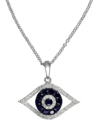 Keep safe the stylish way. EFFY Collection's good luck pendant features the evil eye with round-cut sapphires (1/4 ct. t.w.), white diamonds (1/8 ct. t.w.) and black diamond accents. Set in 14k white gold. Approximate length; 18 inches. Approximate drop length: 13/20 inch. Approximate drop width: 18/25 inch. Keep safe the stylish way. EFFY Collection's good luck pendant features the evil eye with round-cut sapphires (1/4 ct. t.w.), white diamonds (1/8 ct. t.w.) and black diamond accents. Set in 14k white gold. Approximate length; 18 inches. Approximate drop length: 13/20 inch. Approximate drop width: 18/25 inch.