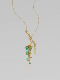 From the Elements Collection. A carnelian, apatite and chrysoprase cluster attached to a goldtone leaf pendant accented with sparkling Swarovksi crystals on a delicate 18k goldplated chain. Carnelian, apatite and chrysopraseSwarovski crystals18k goldplated chainGoltoneLength, about 16 to 19 adjustable18k goldplated lobster claps closureMade in USA