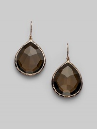 A gorgeous teardrop shape of faceted smoky quartz is set in sterling silver and 18k gold with a fine finish of 18k rose goldplating. Smoky quartz An alloy of 18K gold and sterling silver plated with 18K rose gold Drop, about 1½ Width, about ¾ Ear wire Imported