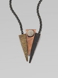 This artistic design features a trio of patina triangles on a link chain. BrassLength, about 20Pendant size, about 4Hook clasp closureMade in USA This artistic design features a trio of patina triangles on a link chain. BrassLength, about 20Pendant size, about 4Hook clasp closureMade in USA