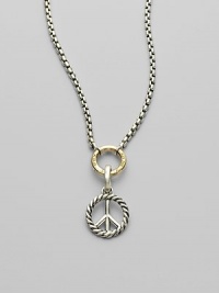 From the Cable Charm Collection. The iconic sign of peace, gracefully rendered in sterling silver with a cable frame. Sterling silver Diameter, about ½ Spring clip clasp Made in USA Please note: Necklace sold separately. From the Cable Charm Collection. The iconic sign of peace, gracefully rendered in sterling silver with a cable frame. Sterling silver Diameter, about ½ Spring clip clasp Made in USA Please note: Necklace sold separately.