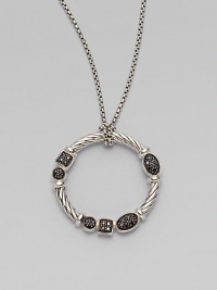 From the Confetti Collection. A sterling silver cabled wreath, hanging from a pretty box chain, is dotted with black pavé diamonds in sparkling geometric shapes. Diamonds, 0.14 tcw Sterling silver and rhodium plating Chain length, about 16 Pendant diameter, about 1 Lobster clasp Imported From the Confetti Collection. A sterling silver cabled wreath, hanging from a pretty box chain, is dotted with black pavé diamonds in sparkling geometric shapes. Diamonds, 0.14 tcw Sterling silver and rhodium plating Chain length, about 16 Pendant diameter, about 1 Lobster clasp Imported