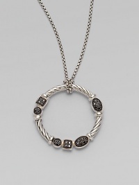 From the Confetti Collection. A sterling silver cabled wreath, hanging from a pretty box chain, is dotted with black pavé diamonds in sparkling geometric shapes. Diamonds, 0.14 tcw Sterling silver and rhodium plating Chain length, about 16 Pendant diameter, about 1 Lobster clasp Imported