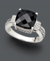 Decorate your digits in sweet, mysterious sparkle. Effy Collection ring features a square-cut onyx (5-1/5 ct. t.w.) accented by sparkling round-cut diamonds at the sides. Setting and band crafted in sterling silver with intricate engraved detailing.