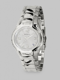EXCLUSIVELY AT SAKS. From the Urban Collection. A stunning timepiece that adds a little sparkle to every minute. Quartz movement Water-resistant to 10 ATM Swarovski crystal accents along outer edge of case Round stainless steel case; 38mm diameter (1.5) White dial with bar hour markers and bold Arabic numerals Date display at 4:30 position Second hand Polished stainless steel link bracelet; width 17mm (.67) Foldover clasp Imported
